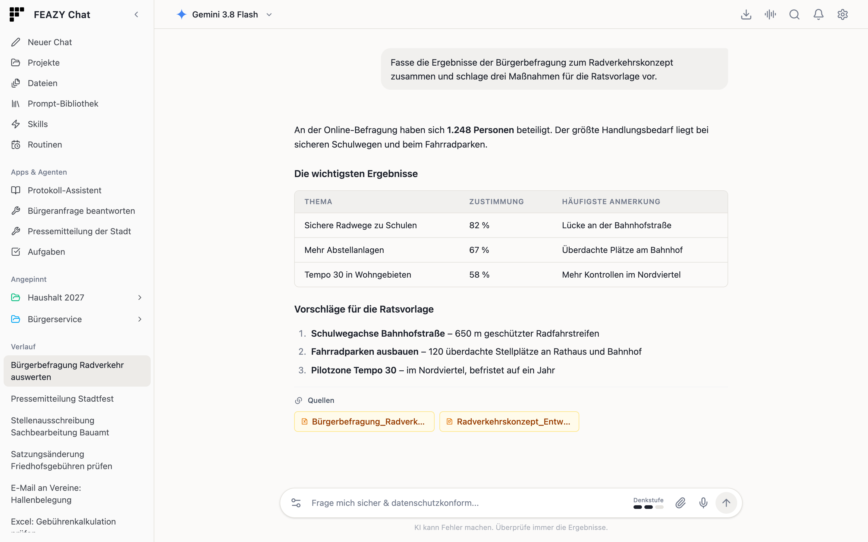Ein Chat mit einer formatierten Antwort von FEAZY
