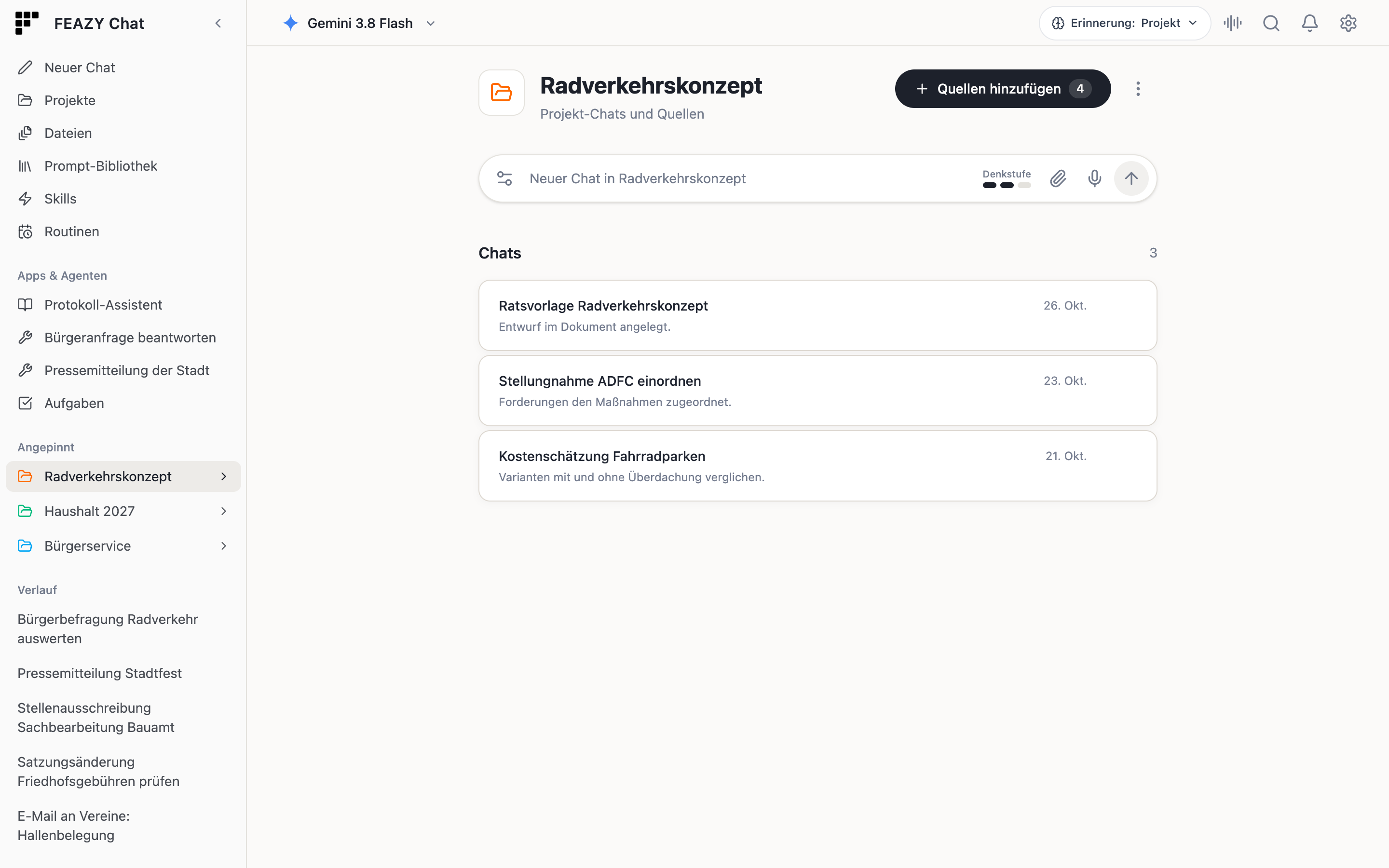 Projektseite mit Eingabefeld, Quellen und Chats