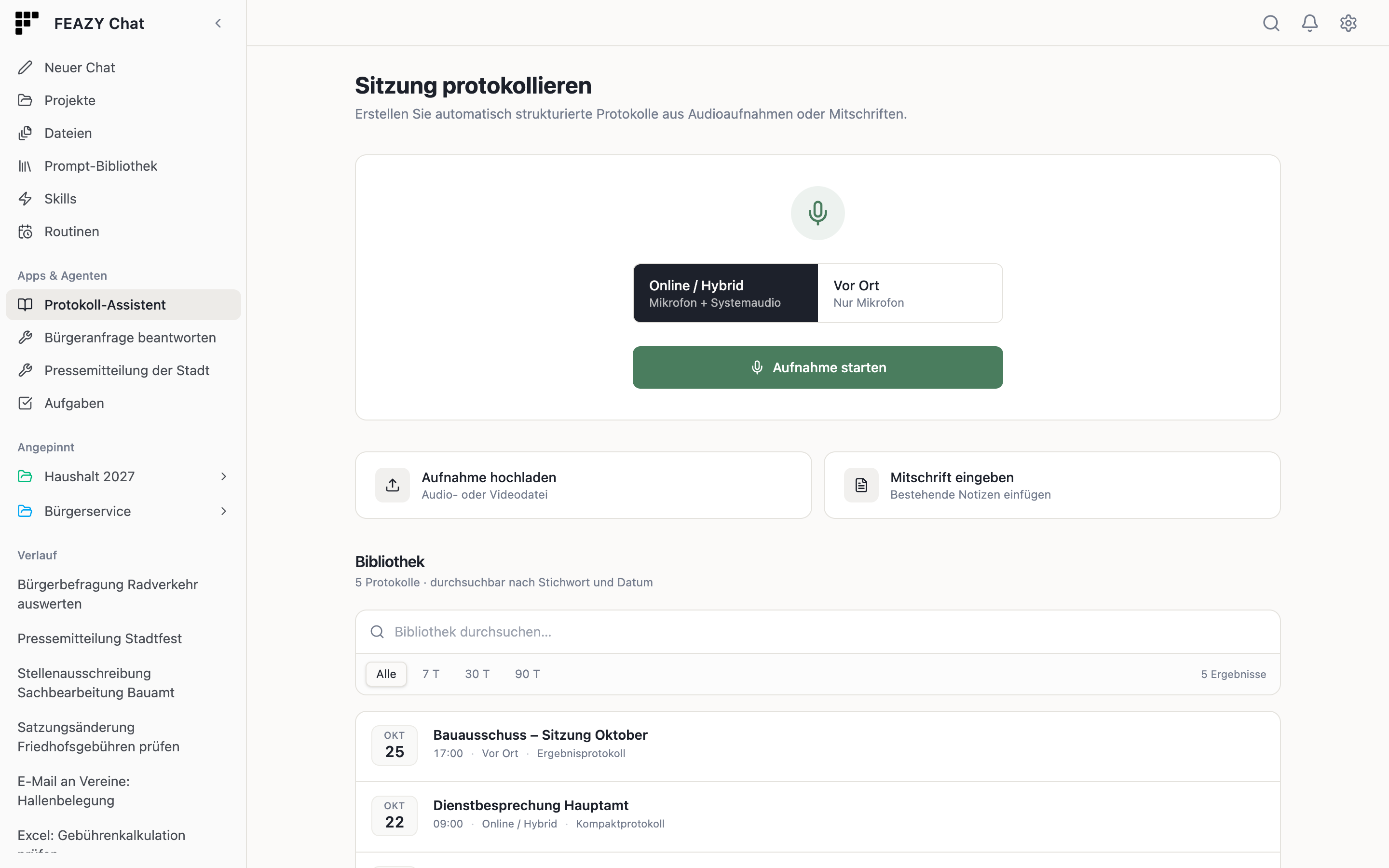 Startseite des Protokoll-Assistenten