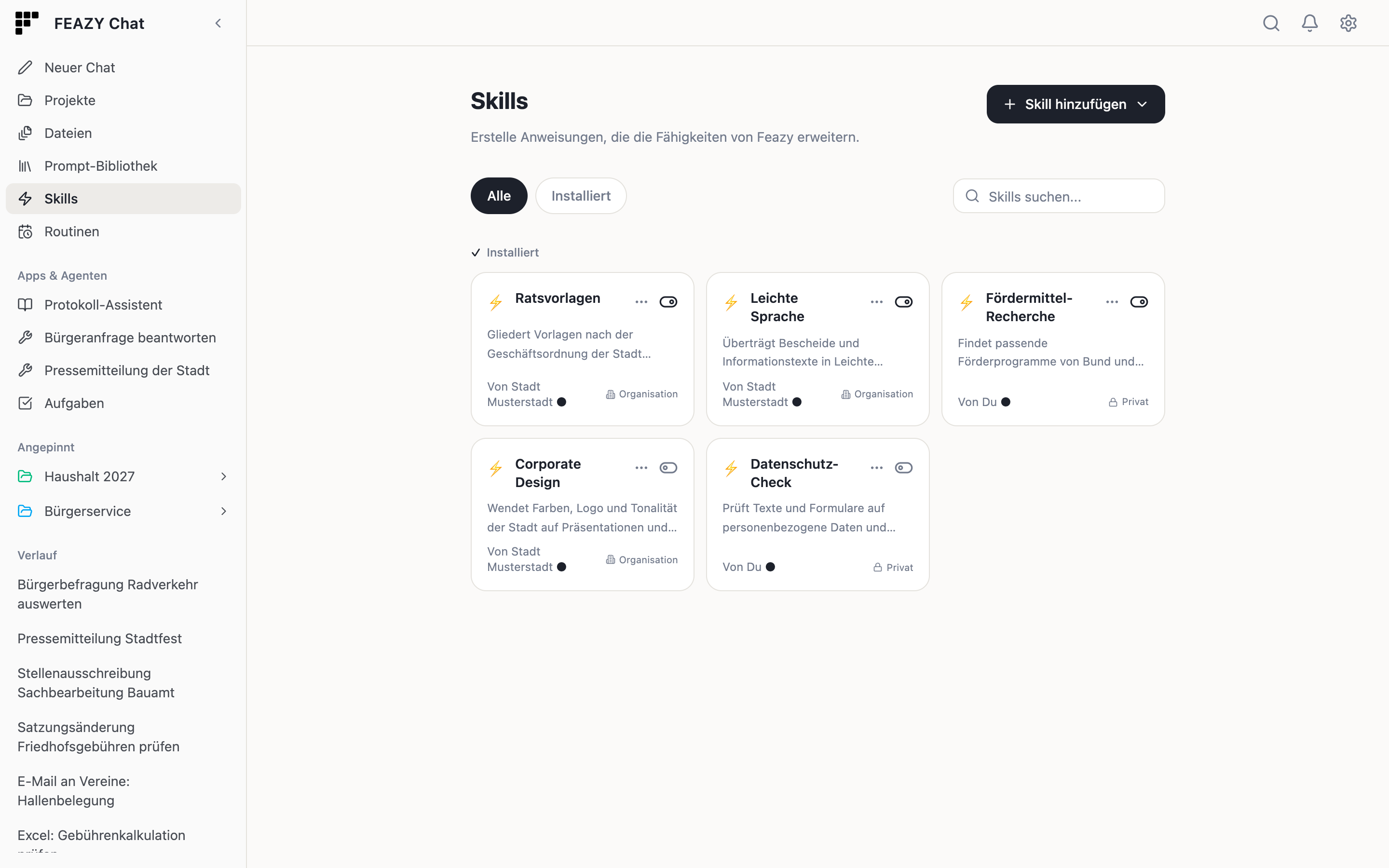 Skills-Seite mit installierten und verfügbaren Skills