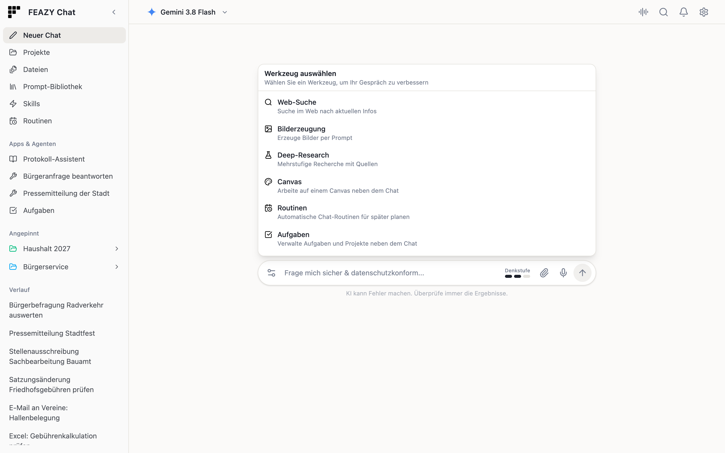 Geöffnetes Werkzeuge-Menü mit Web-Suche, Bilderzeugung, Deep-Research, Canvas, Routinen und Aufgaben